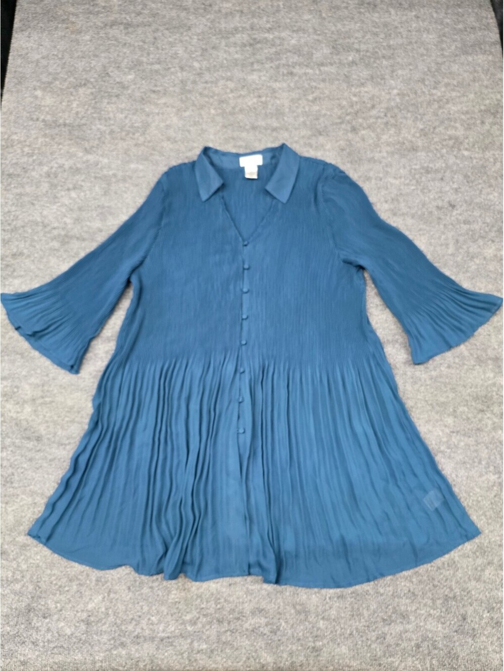 Chelsea Studio Women's 2X Blue Pleated Button-Front Dress with 3/4 Bell Sleeves,